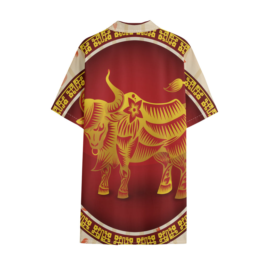 Chinese Ox Zodiac Sign Print Cotton Hawaiian Shirt