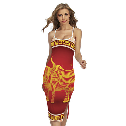 Chinese Ox Zodiac Sign Print Cross Back Cami Dress