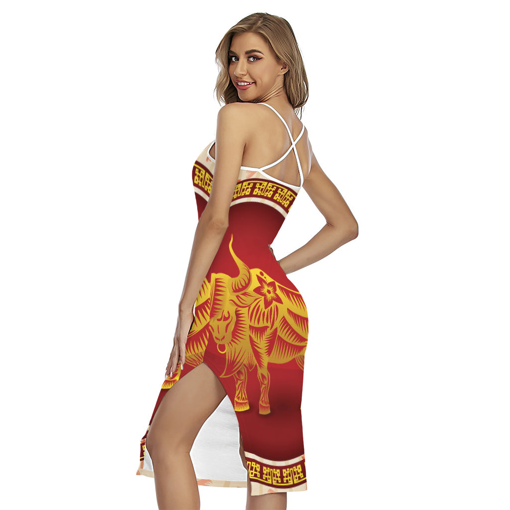Chinese Ox Zodiac Sign Print Cross Back Cami Dress