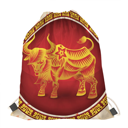 Chinese Ox Zodiac Sign Print Drawstring Bag