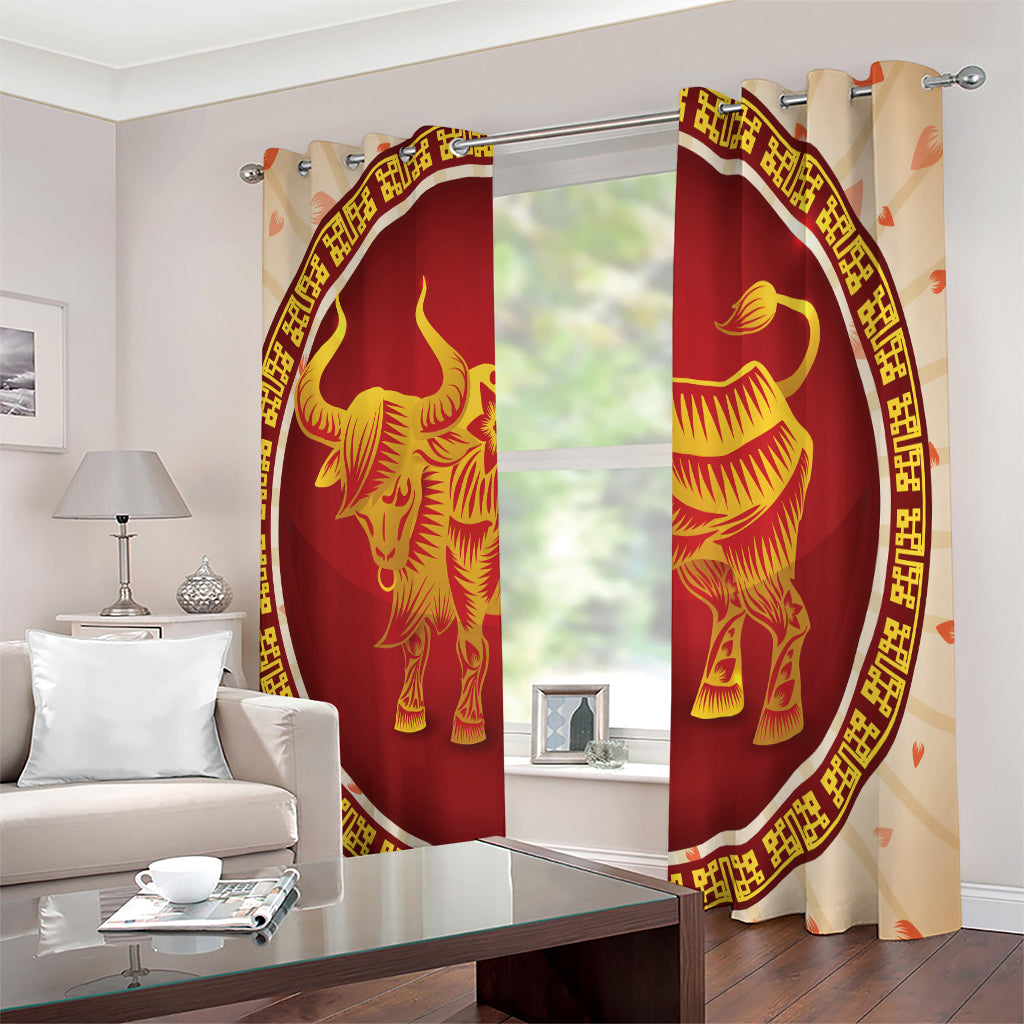 Chinese Ox Zodiac Sign Print Extra Wide Grommet Curtains