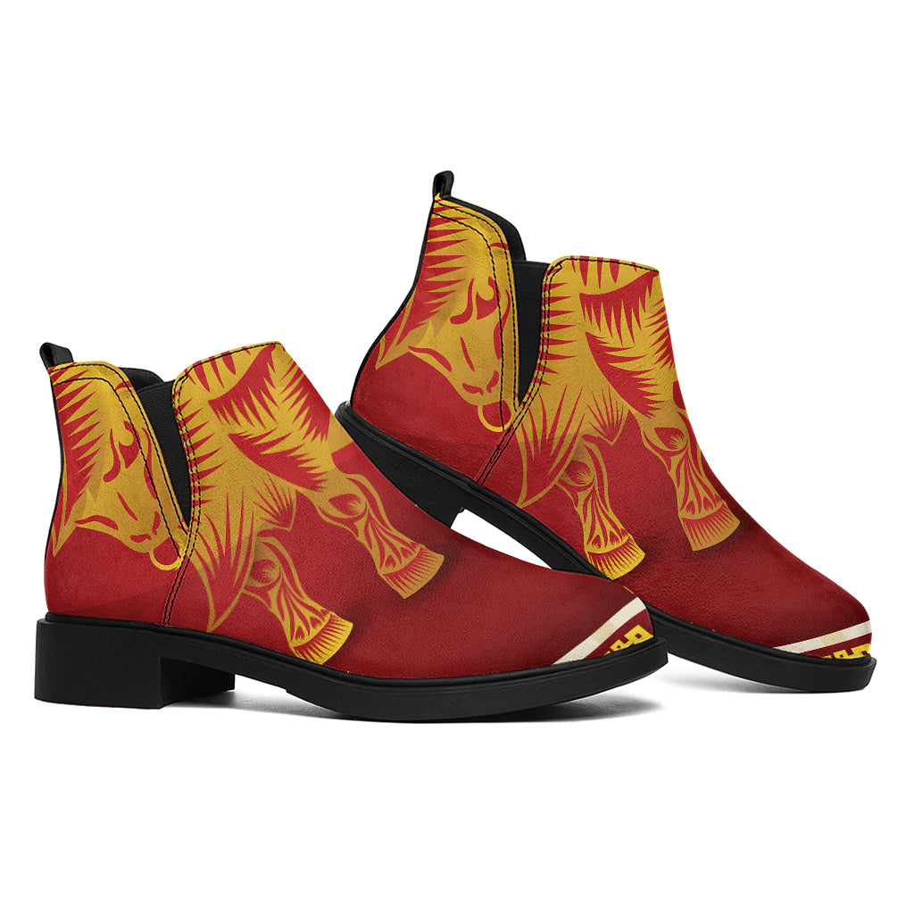 Chinese Ox Zodiac Sign Print Flat Ankle Boots