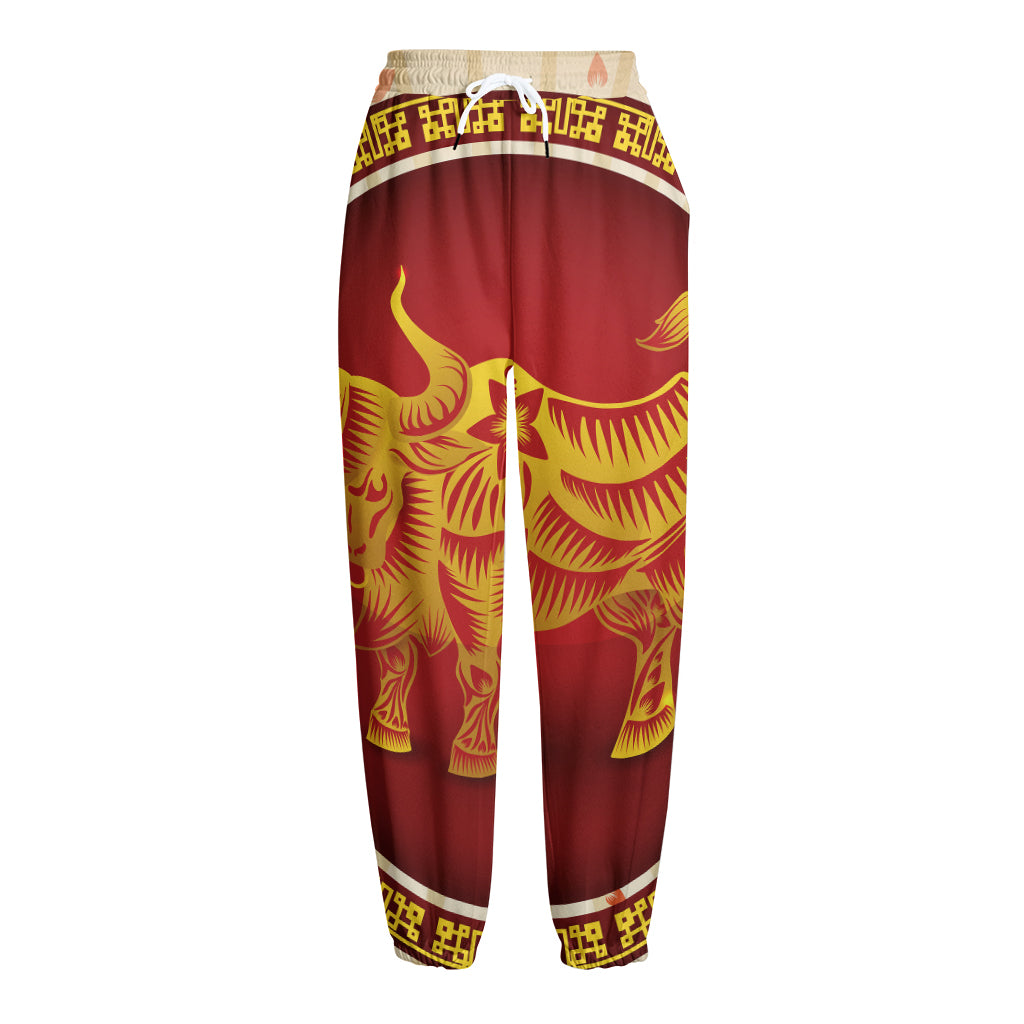 Chinese Ox Zodiac Sign Print Fleece Lined Knit Pants