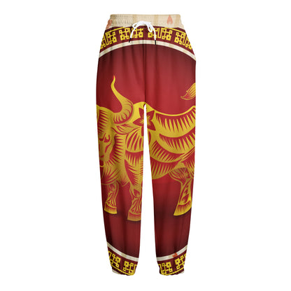 Chinese Ox Zodiac Sign Print Fleece Lined Knit Pants