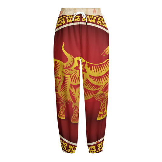 Chinese Ox Zodiac Sign Print Fleece Lined Knit Pants