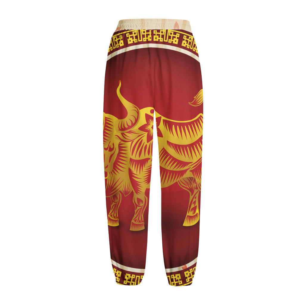 Chinese Ox Zodiac Sign Print Fleece Lined Knit Pants