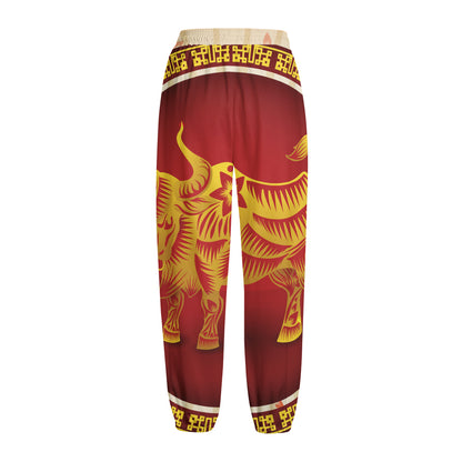 Chinese Ox Zodiac Sign Print Fleece Lined Knit Pants