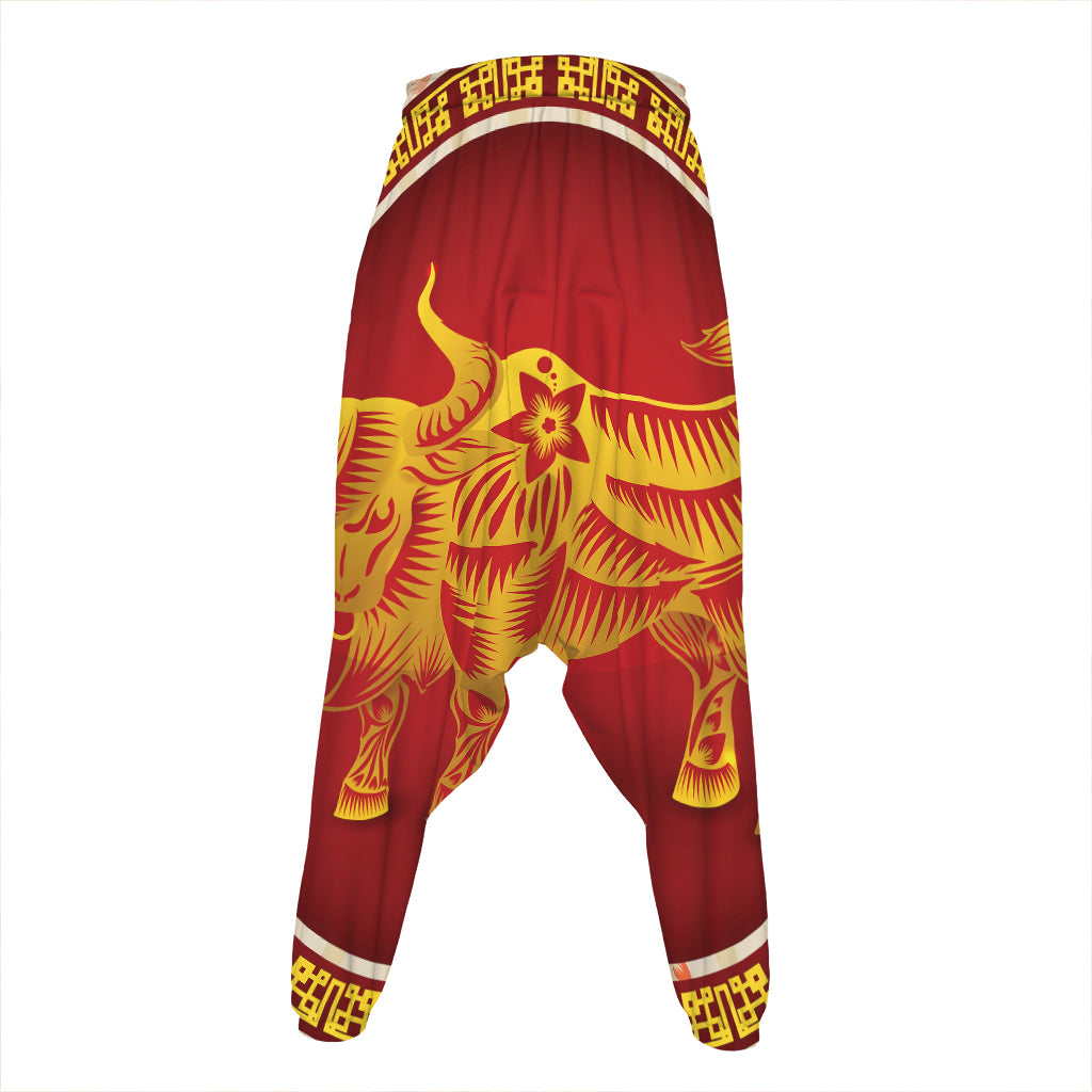 Chinese Ox Zodiac Sign Print Hammer Pants