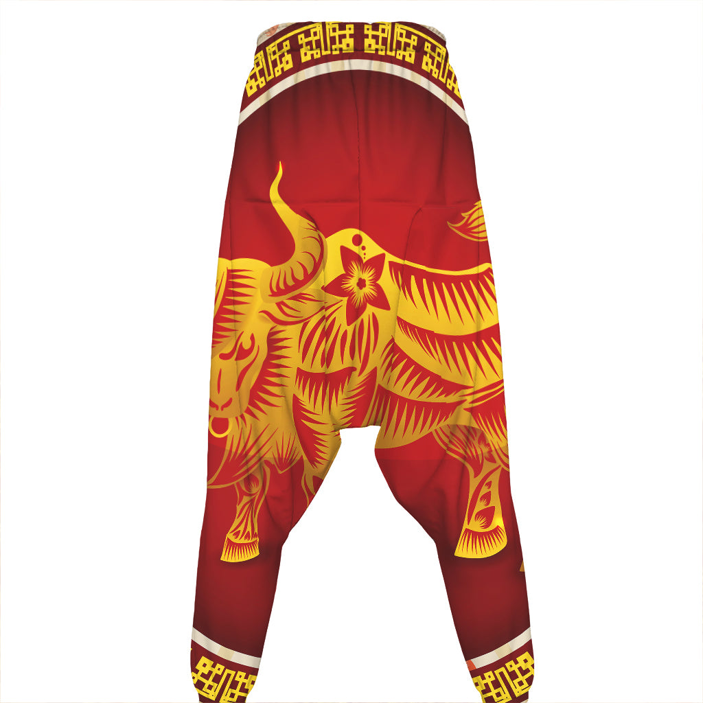 Chinese Ox Zodiac Sign Print Hammer Pants