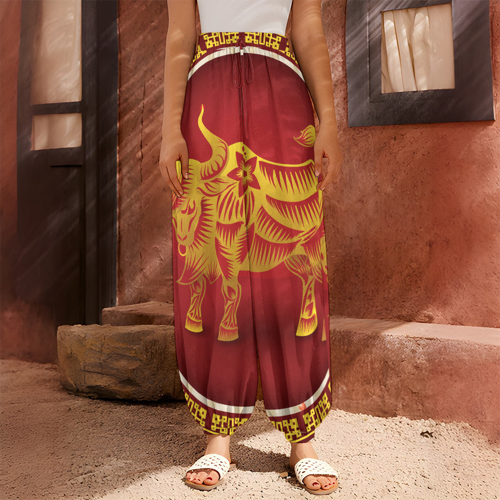 Chinese Ox Zodiac Sign Print Harem Pants