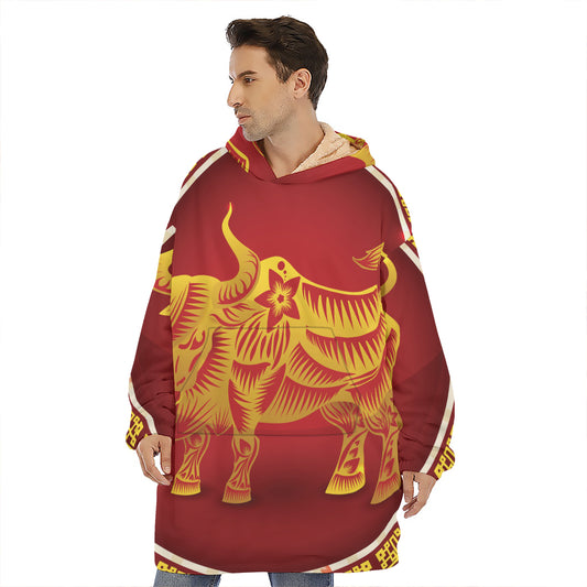 Chinese Ox Zodiac Sign Print Hoodie Blanket