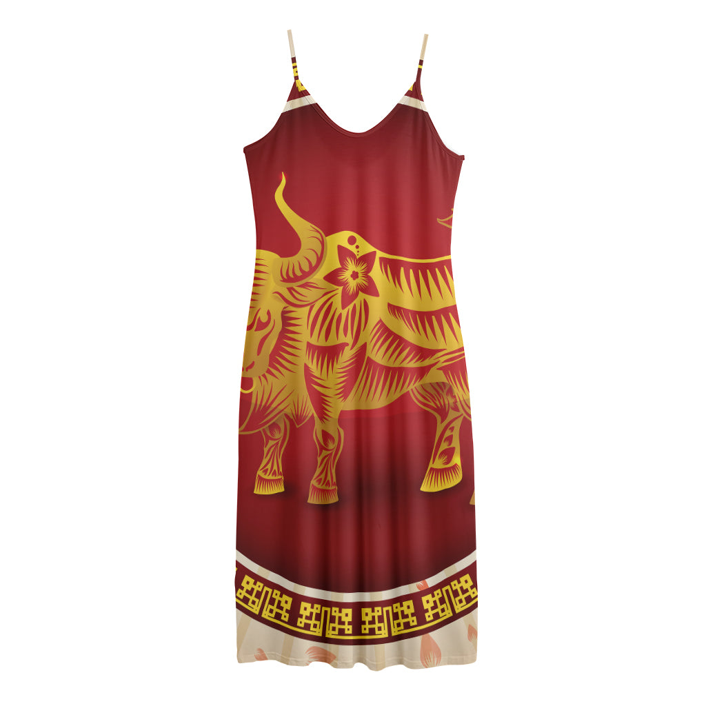 Chinese Ox Zodiac Sign Print Jersey Midi Cami Dress