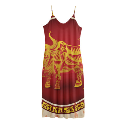 Chinese Ox Zodiac Sign Print Jersey Midi Cami Dress