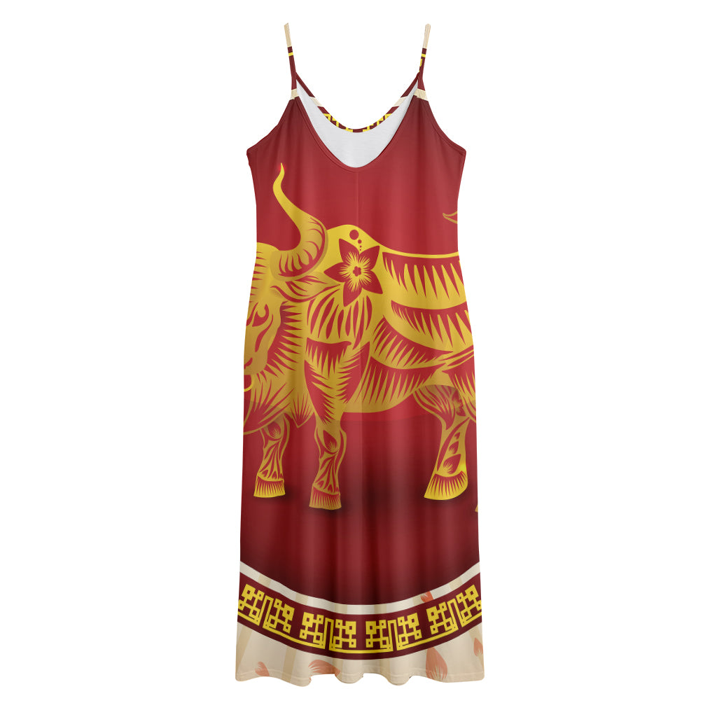 Chinese Ox Zodiac Sign Print Jersey Midi Cami Dress