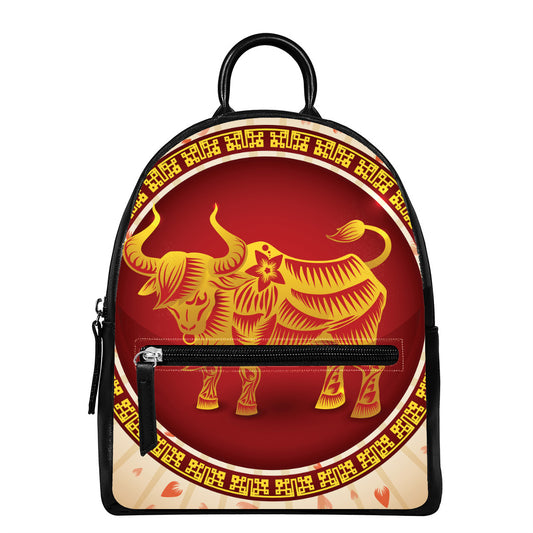 Chinese Ox Zodiac Sign Print Leather Backpack