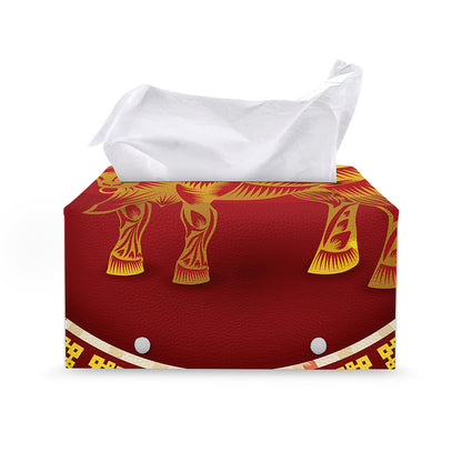 Chinese Ox Zodiac Sign Print Leather Tissue Box Cover