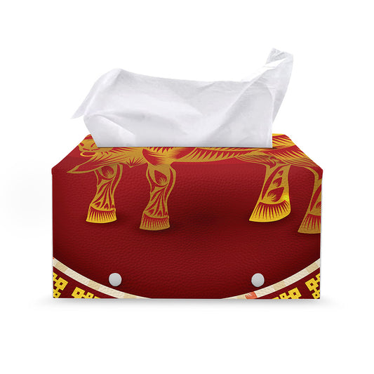 Chinese Ox Zodiac Sign Print Leather Tissue Box Cover
