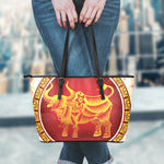Chinese Ox Zodiac Sign Print Leather Tote Bag