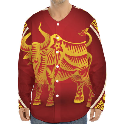 Chinese Ox Zodiac Sign Print Long Sleeve Baseball Jersey