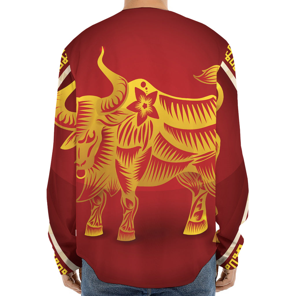 Chinese Ox Zodiac Sign Print Long Sleeve Baseball Jersey