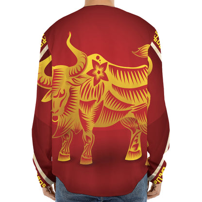 Chinese Ox Zodiac Sign Print Long Sleeve Baseball Jersey