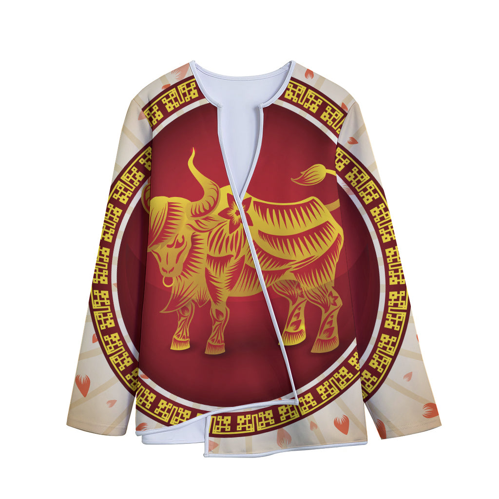 Chinese Ox Zodiac Sign Print Long Sleeve Short Coat