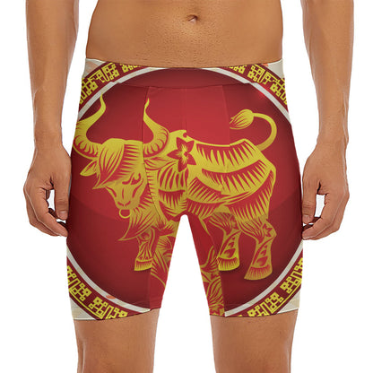Chinese Ox Zodiac Sign Print Men's Long Boxer Briefs