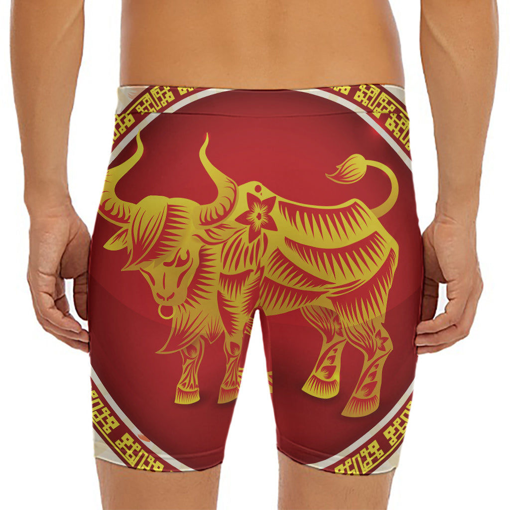 Chinese Ox Zodiac Sign Print Men's Long Boxer Briefs