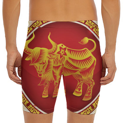 Chinese Ox Zodiac Sign Print Men's Long Boxer Briefs
