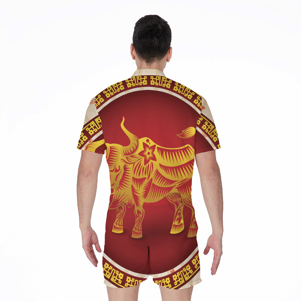 Chinese Ox Zodiac Sign Print Men's Rompers