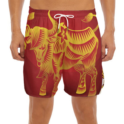 Chinese Ox Zodiac Sign Print Men's Split Running Shorts