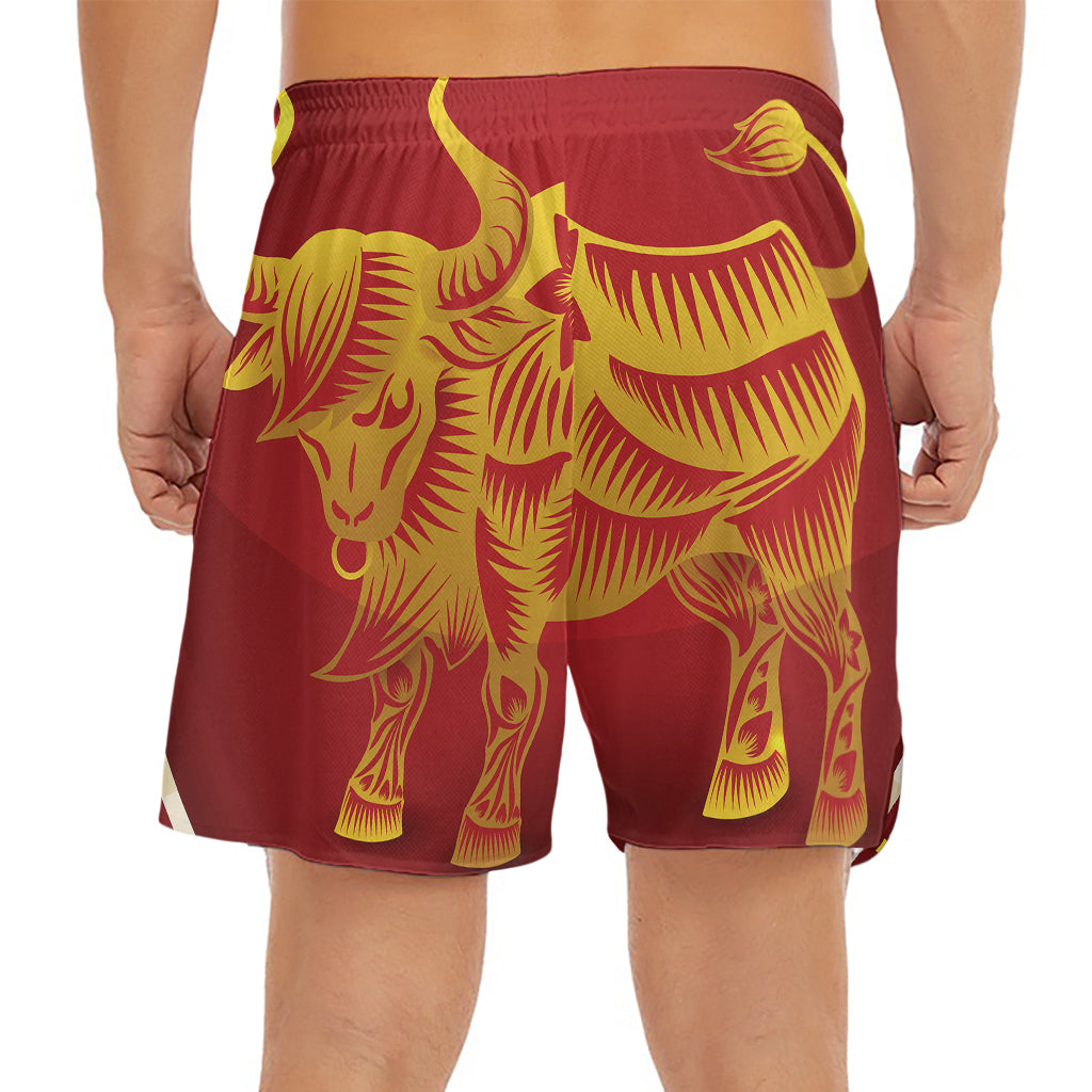 Chinese Ox Zodiac Sign Print Men's Split Running Shorts