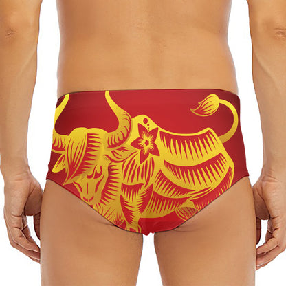 Chinese Ox Zodiac Sign Print Men's Triangle Swim Briefs