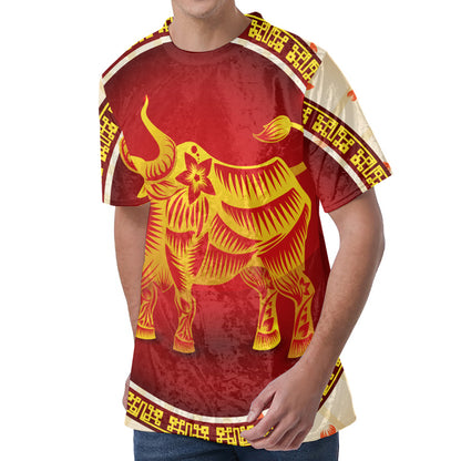 Chinese Ox Zodiac Sign Print Men's Velvet T-Shirt