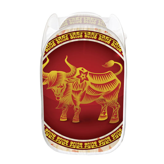 Chinese Ox Zodiac Sign Print Mesh Laundry Hamper