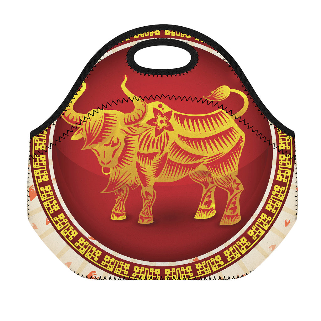 Chinese Ox Zodiac Sign Print Neoprene Lunch Bag
