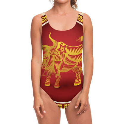Chinese Ox Zodiac Sign Print One Piece Swimsuit