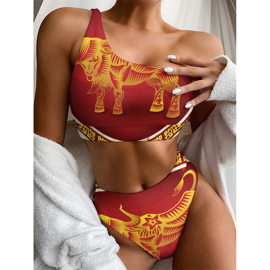Chinese Ox Zodiac Sign Print One Shoulder Bikini Top