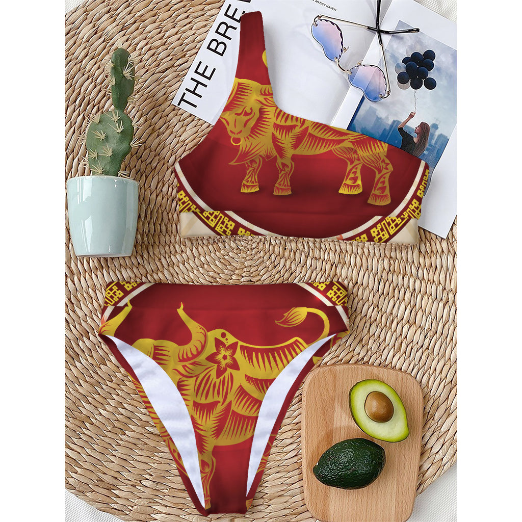 Chinese Ox Zodiac Sign Print One Shoulder Bikini Top
