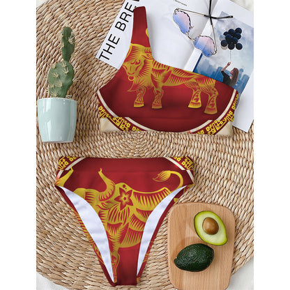 Chinese Ox Zodiac Sign Print One Shoulder Bikini Top