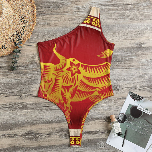 Chinese Ox Zodiac Sign Print One Shoulder Bodysuit