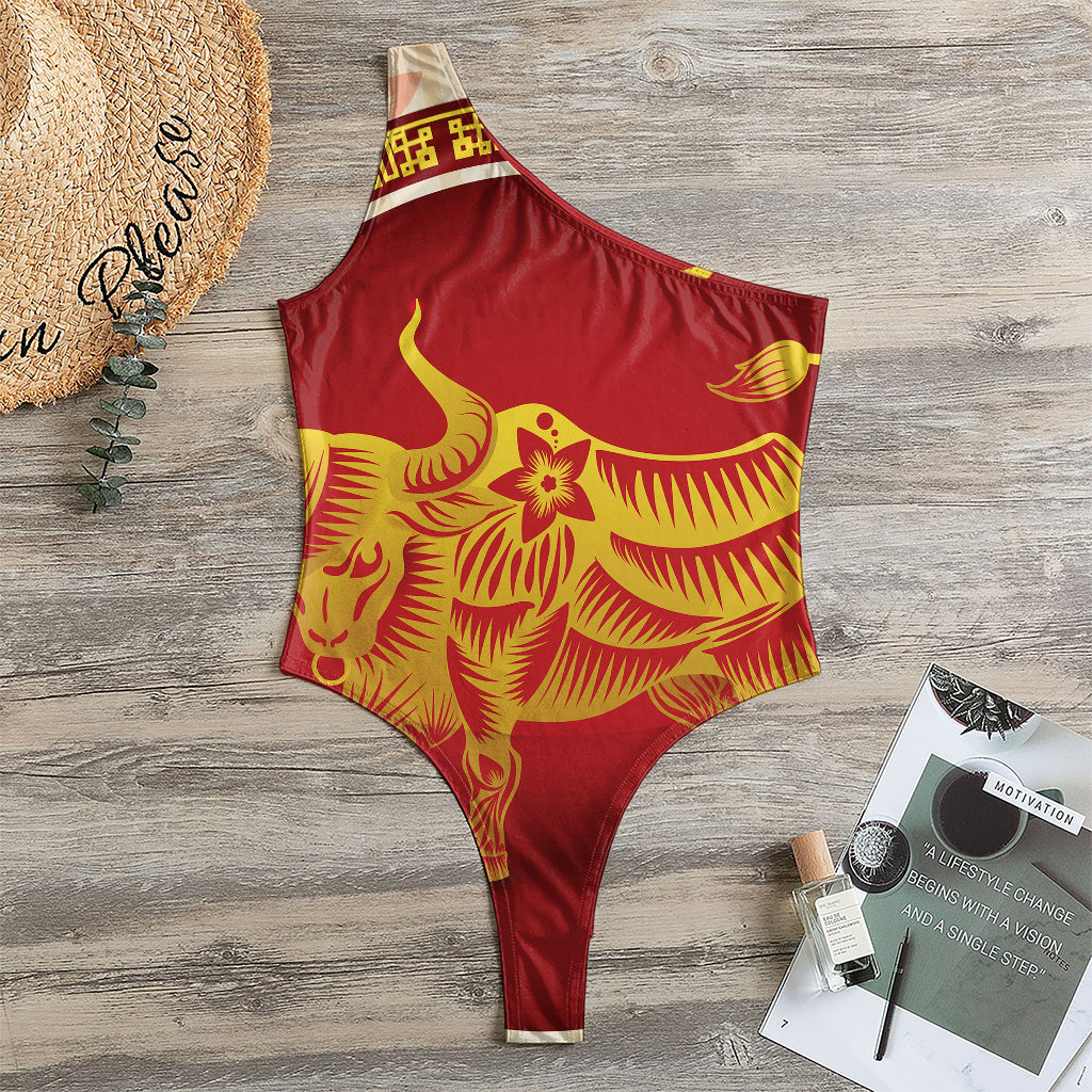 Chinese Ox Zodiac Sign Print One Shoulder Bodysuit
