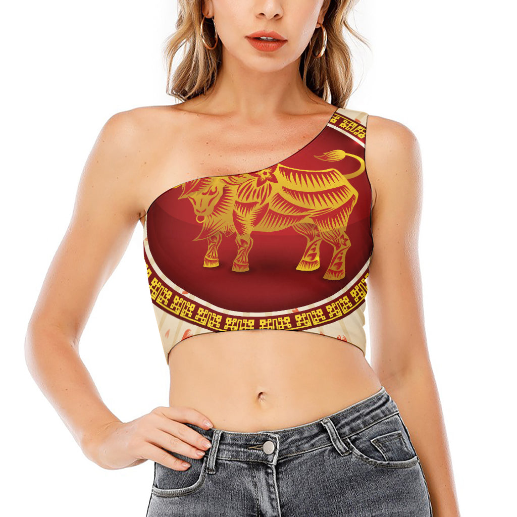 Chinese Ox Zodiac Sign Print One Shoulder Crop Top
