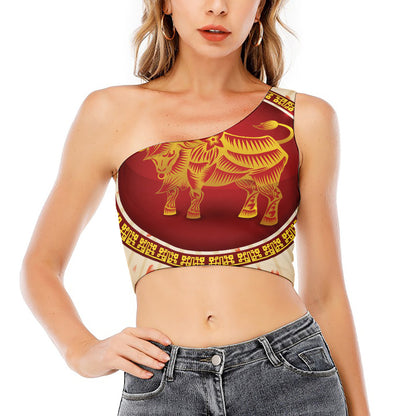 Chinese Ox Zodiac Sign Print One Shoulder Crop Top
