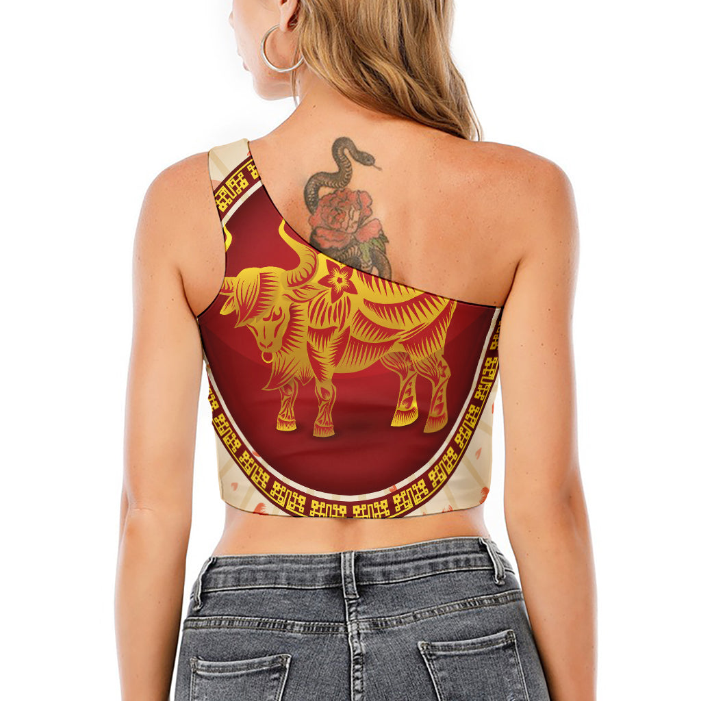 Chinese Ox Zodiac Sign Print One Shoulder Crop Top
