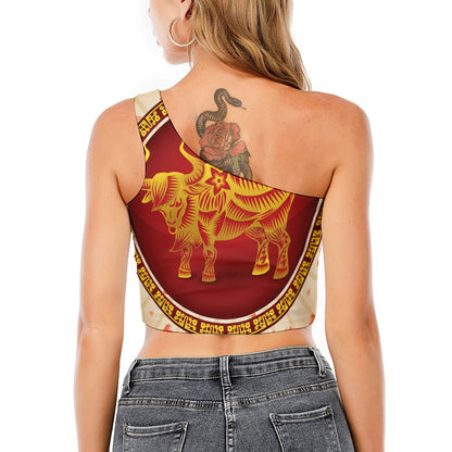Chinese Ox Zodiac Sign Print One Shoulder Crop Top