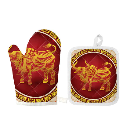 Chinese Ox Zodiac Sign Print Oven Mitt And Pot Holder Set