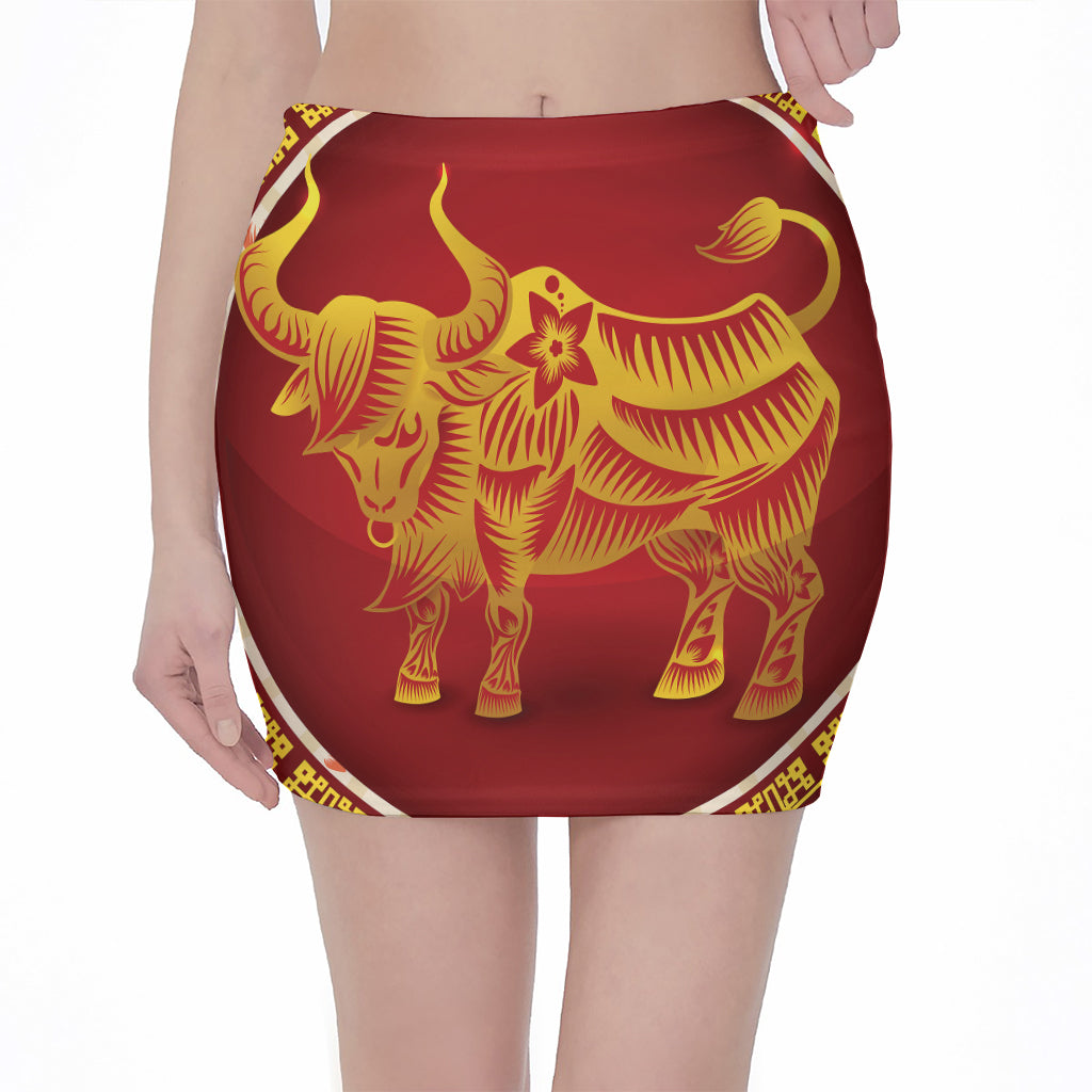 Chinese Ox Zodiac Sign Print Pencil Mini Skirt