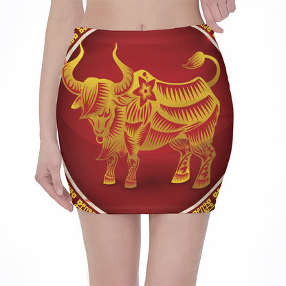 Chinese Ox Zodiac Sign Print Pencil Mini Skirt