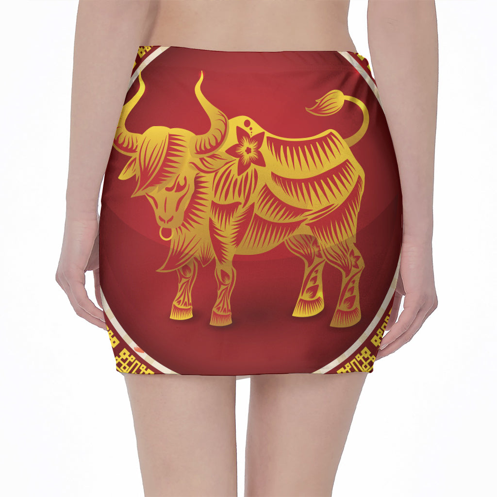 Chinese Ox Zodiac Sign Print Pencil Mini Skirt